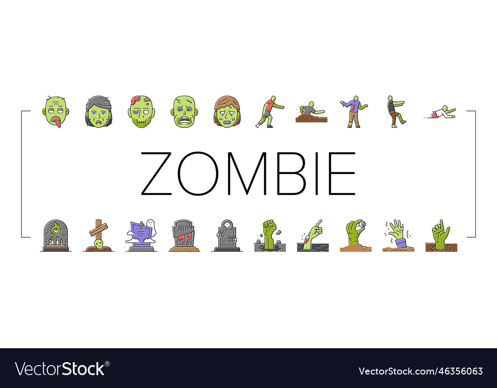 Zombie horror scary dead evil icons set