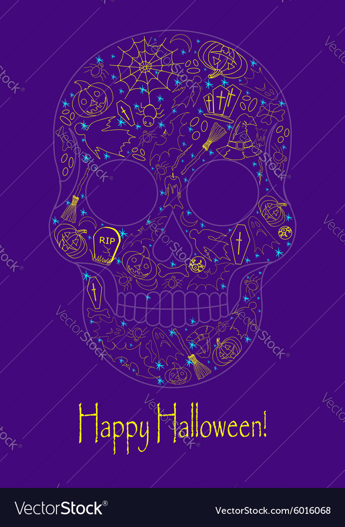 Merry halloween skull with traditional symbols