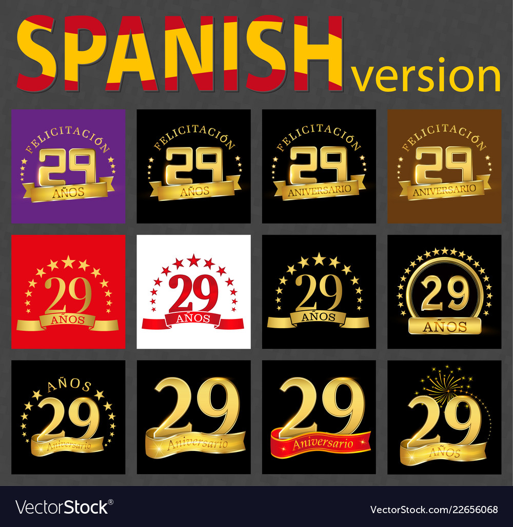 Spanish set number twenty-nine 29 years Royalty Free Vector