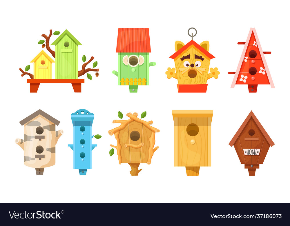 Decorative wooden spring bird houses garden Vector Image