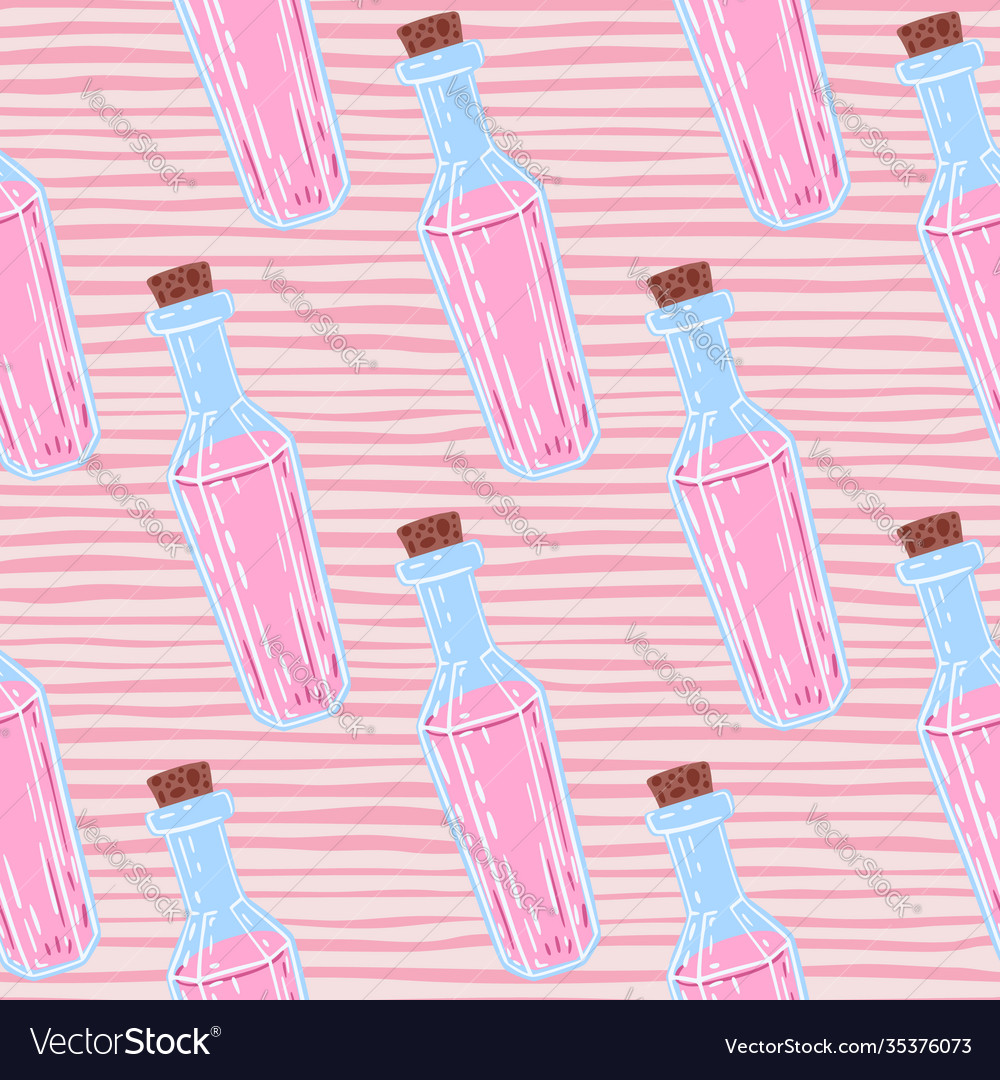 Pink liquids in blue bottle seamless pattern