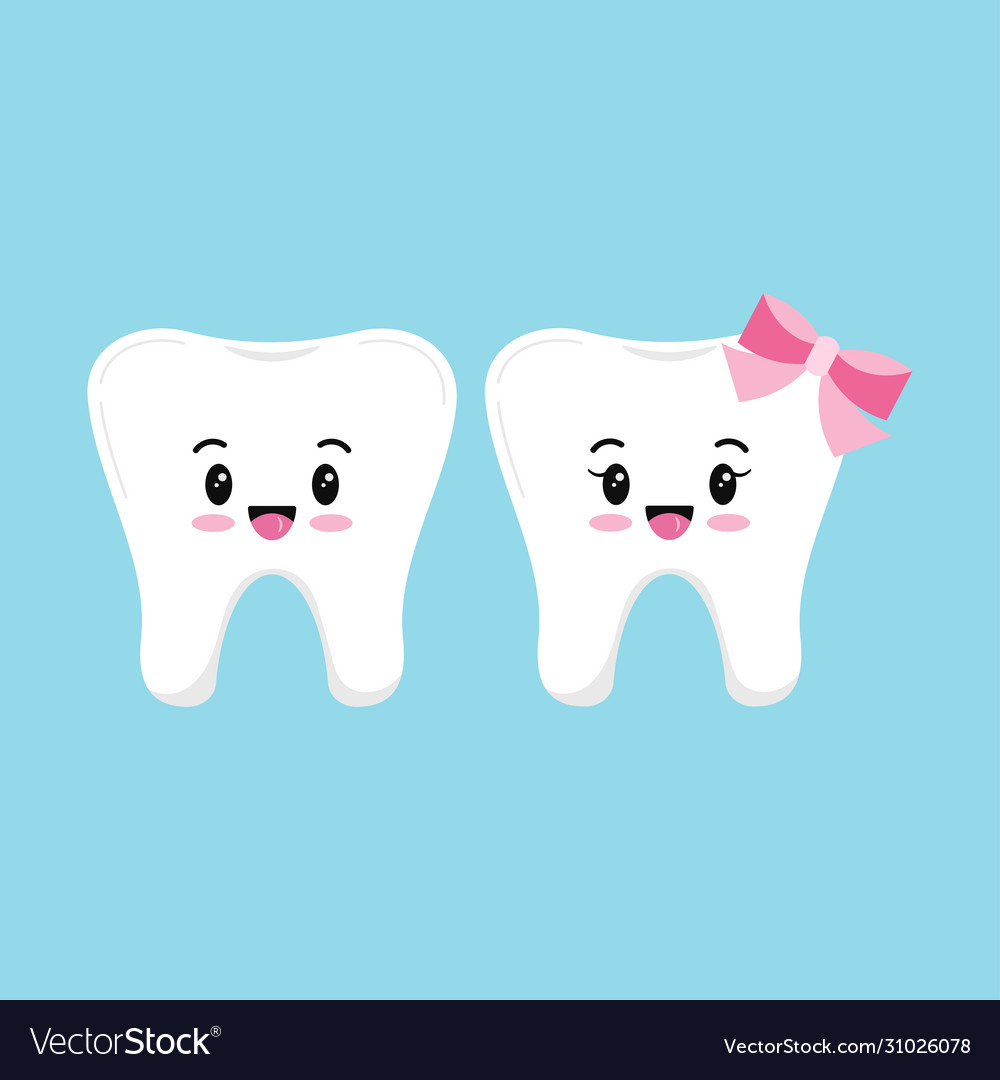 Cute tooth boy and girl emoji set isolated