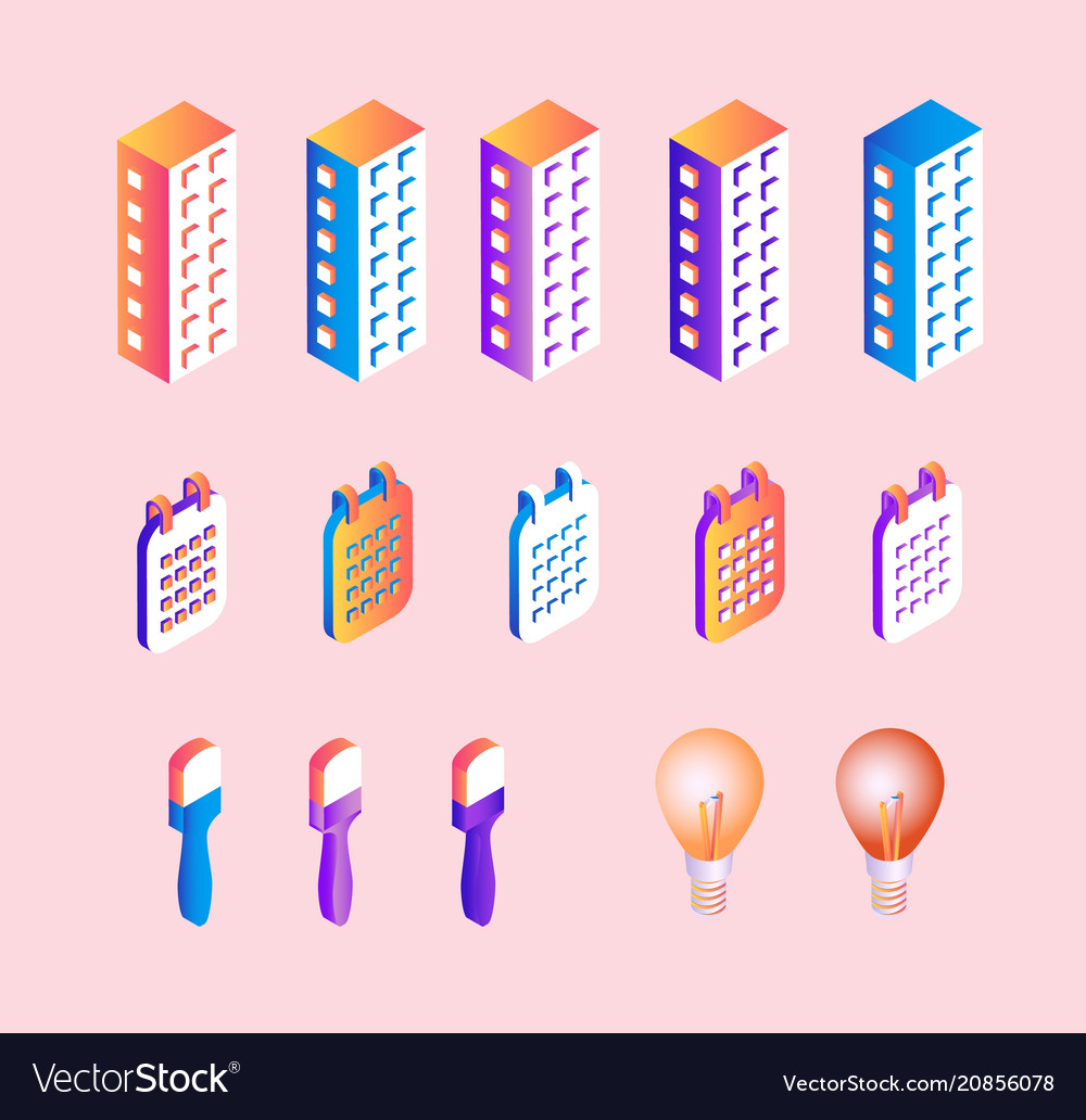Isometric gradient business elements set isolated