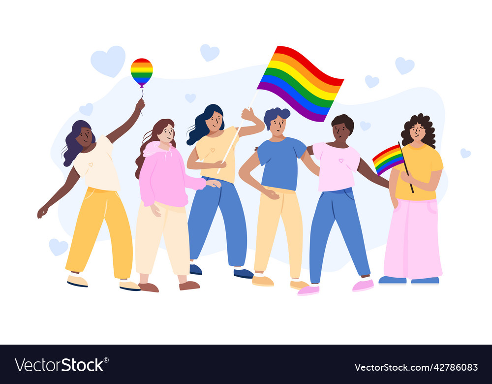 Flat people holding lgbt flag for pride day