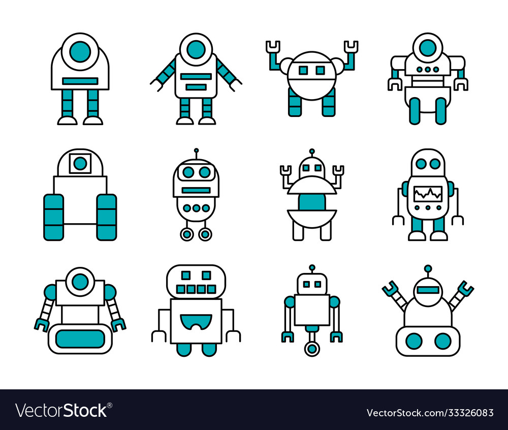 Icon set robots and robotics half line