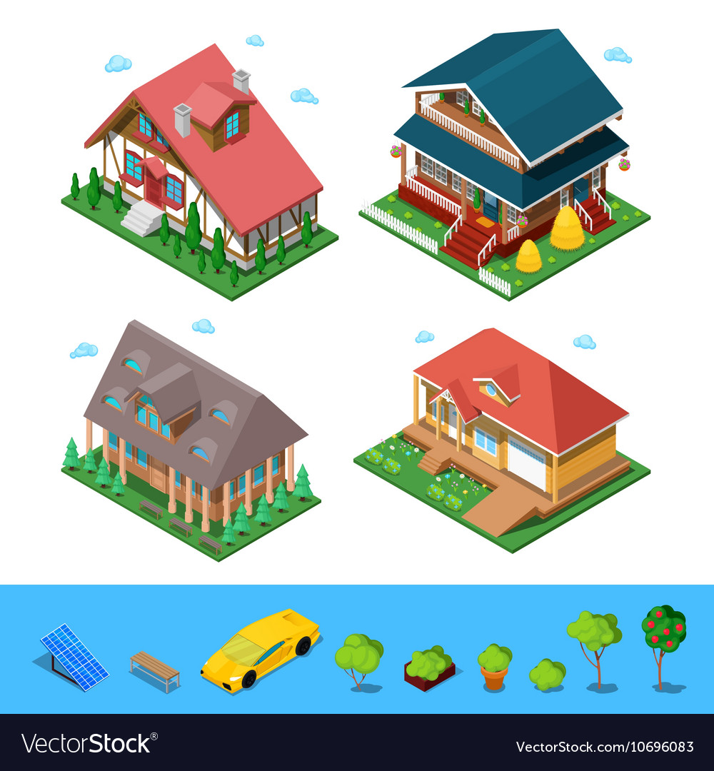 Isometric rural cottage building house set