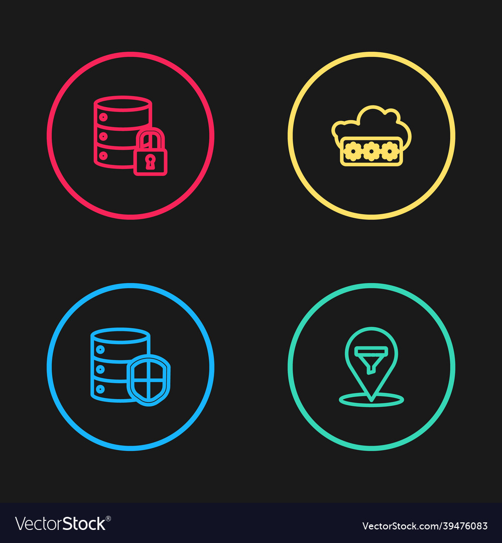Set line server with shield location sales funnel Vector Image Set line server with shield location sales funnel
