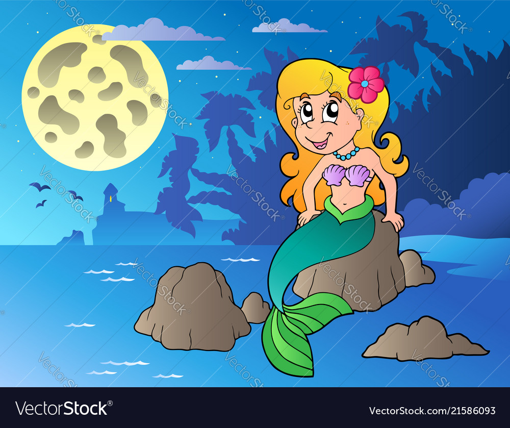 Night seascape with cartoon mermaid