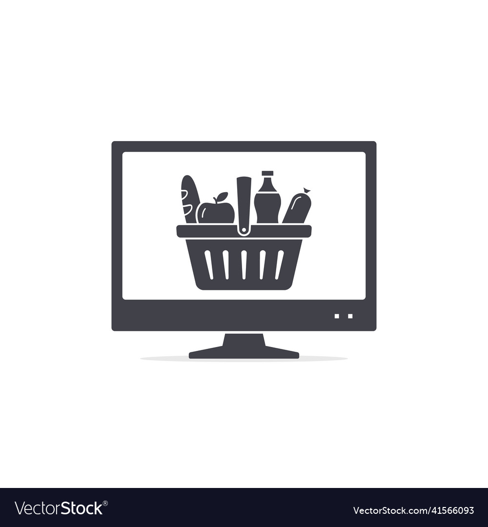 Pc computer with grocery basket on the screen