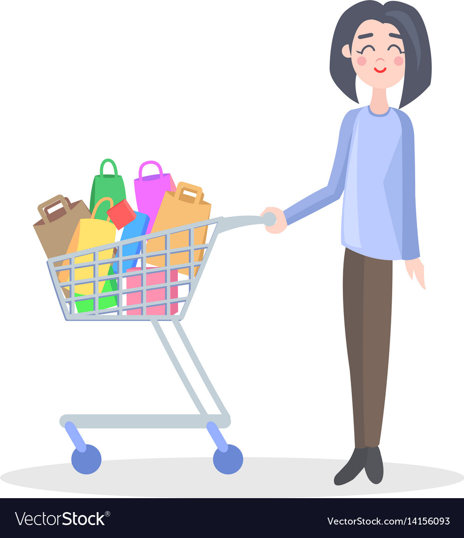 Woman with shopping trolley flat icon Royalty Free Vector