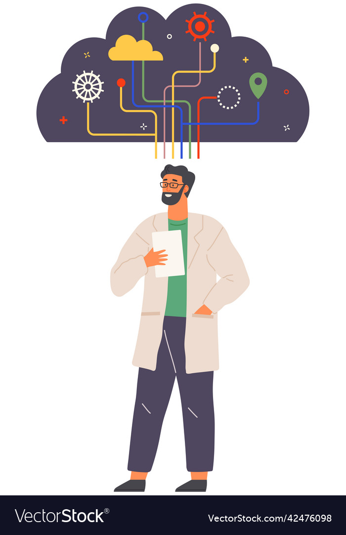 Brainstorming man with gear brain scheme in cloud vector image Brainstorming man with gear brain scheme in cloud
