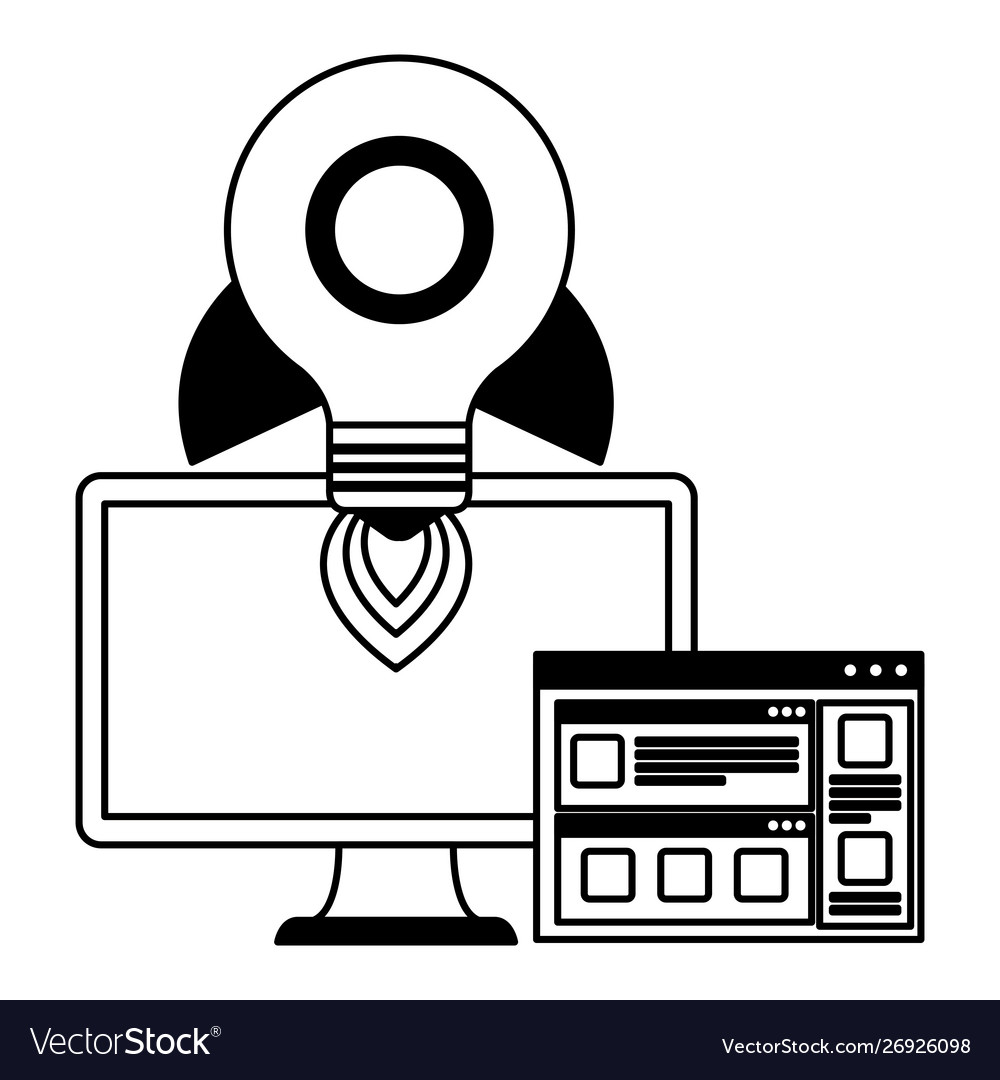 Desktop with rocket bulb and webpage template vector image Desktop with rocket bulb and webpage template