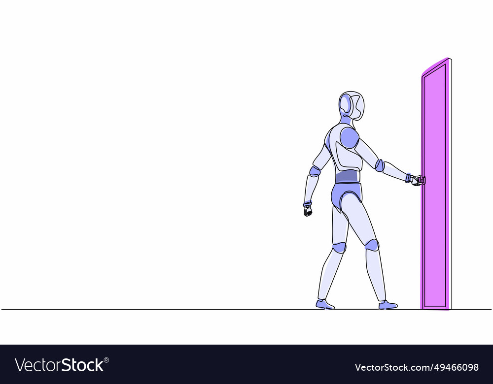 Single continuous line drawing robots holding vector image Single continuous line drawing robots holding