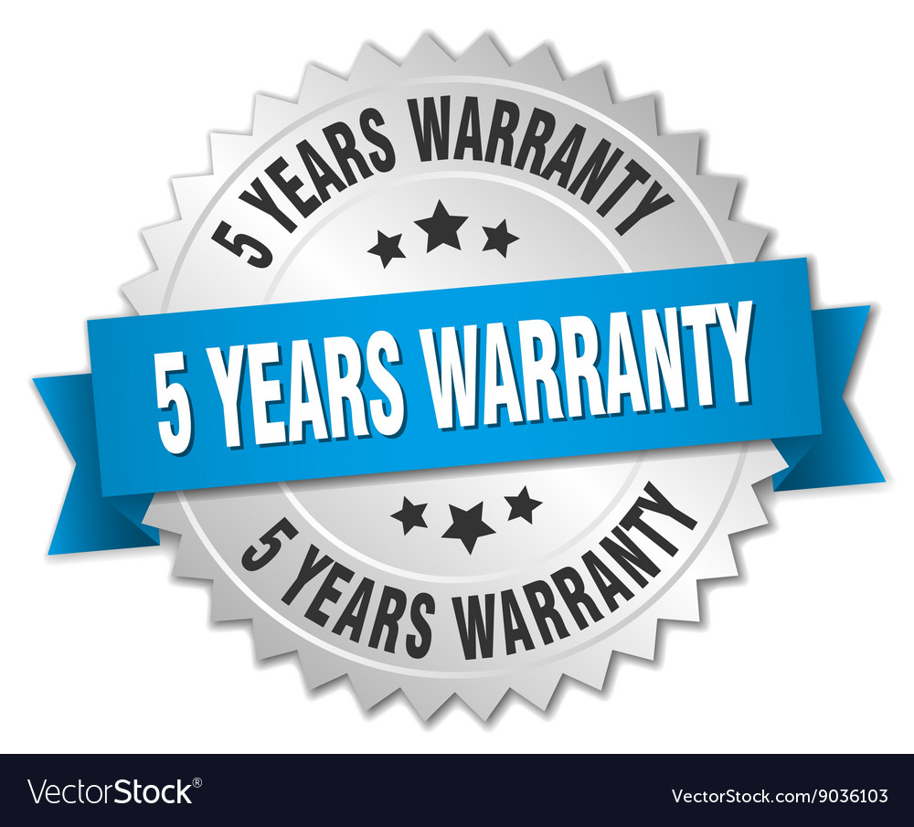 5 years warranty 3d silver badge with blue ribbon