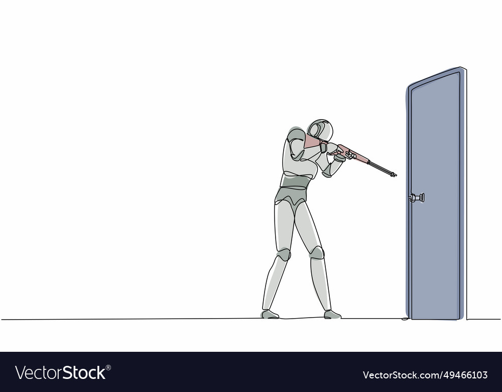 Single one line drawing robot pointing shotgun vector image Single one line drawing robot pointing shotgun