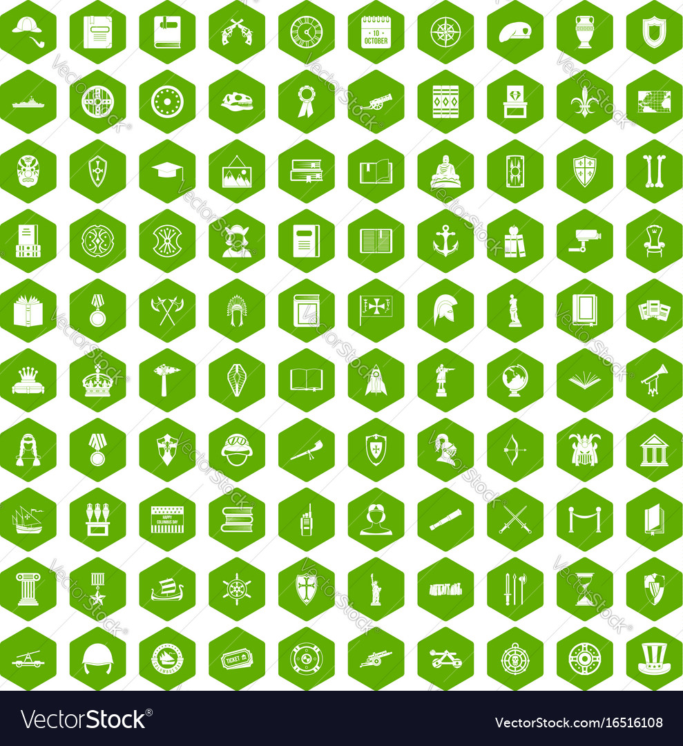 100 history icons hexagon green Royalty Free Vector Image