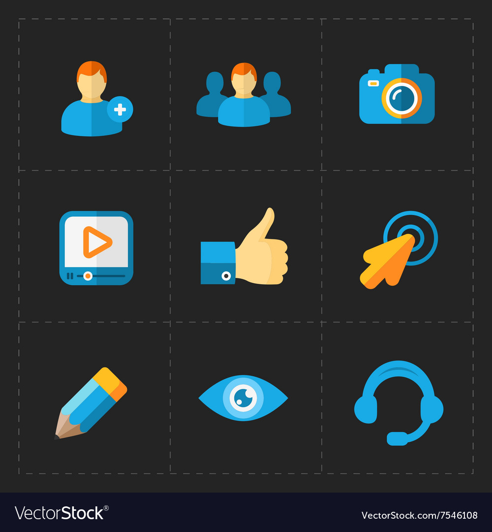 Moderne flache soziale Ikonen auf dunklen gesetzt