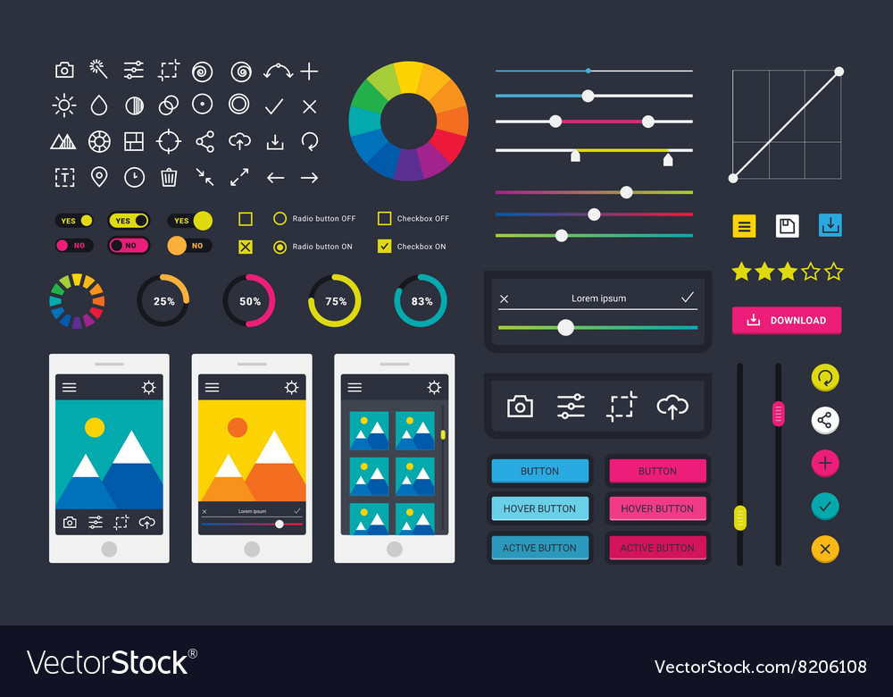 Photographic photo editor app icons ui elements Vector Image