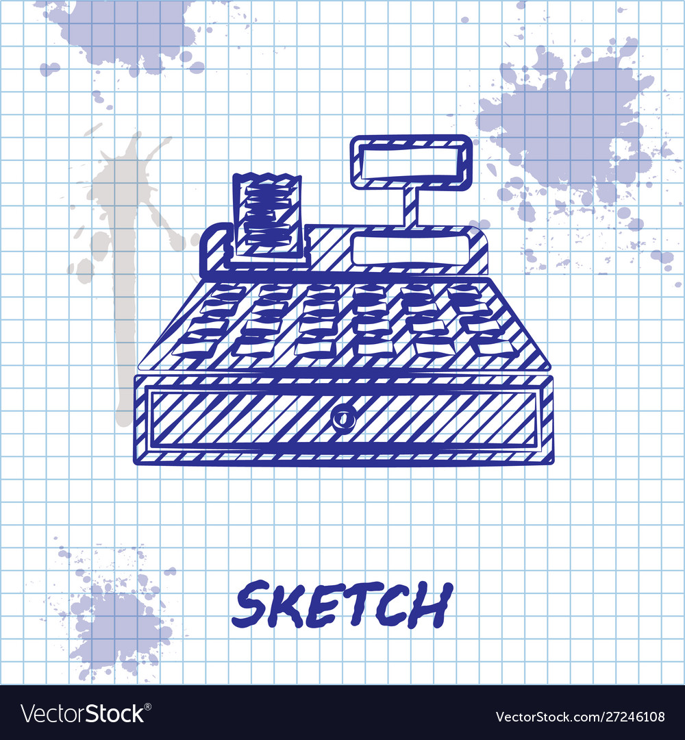 Sketch line cash register machine with a check vector image Sketch line cash register machine with a check