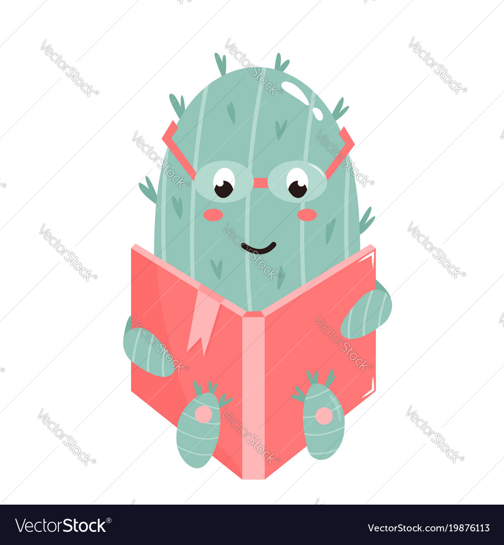 Cute cactus reading a book