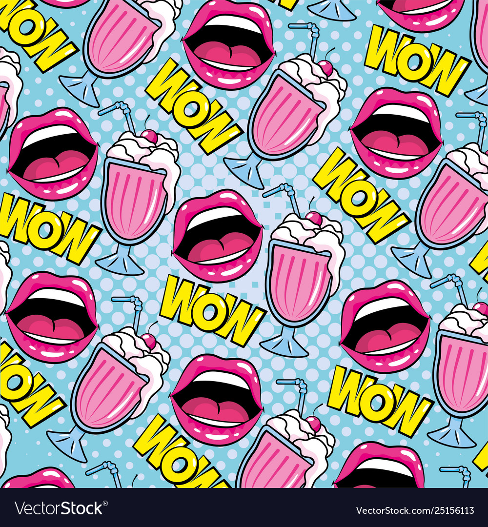 Mouth with ice cream and wow message background
