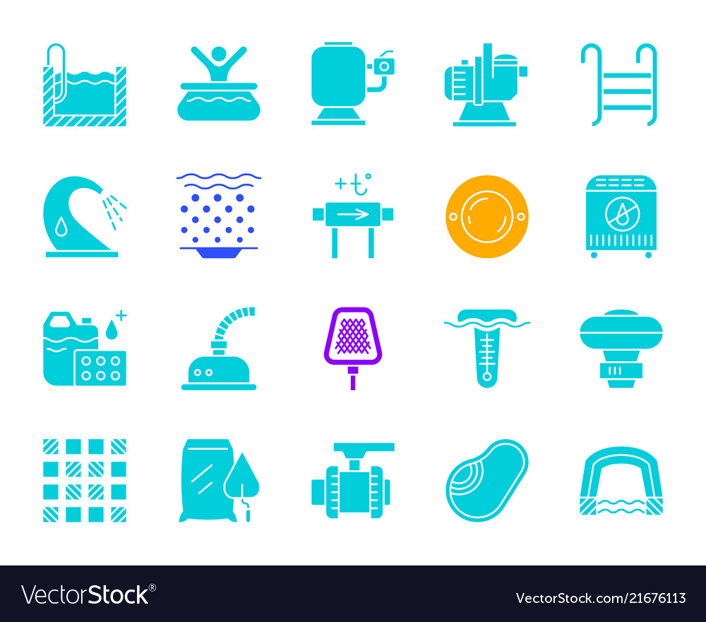 Pool equipment color silhouette icons set