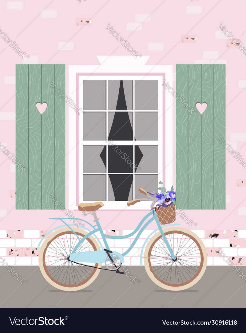 A bicycle leaning against wall sky blue