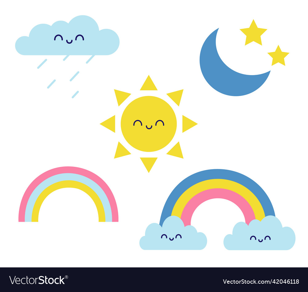 Cute Weather Set Sun Moon Rainbow And Happy Vector Image