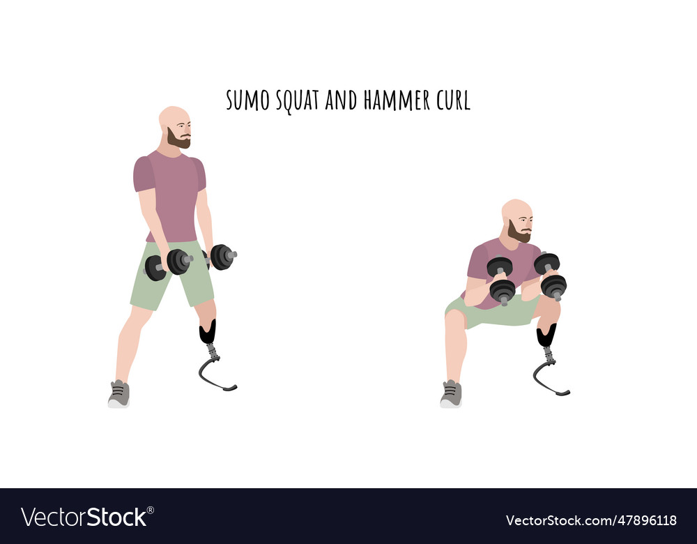 Man with a prosthetic leg doing squat and curl