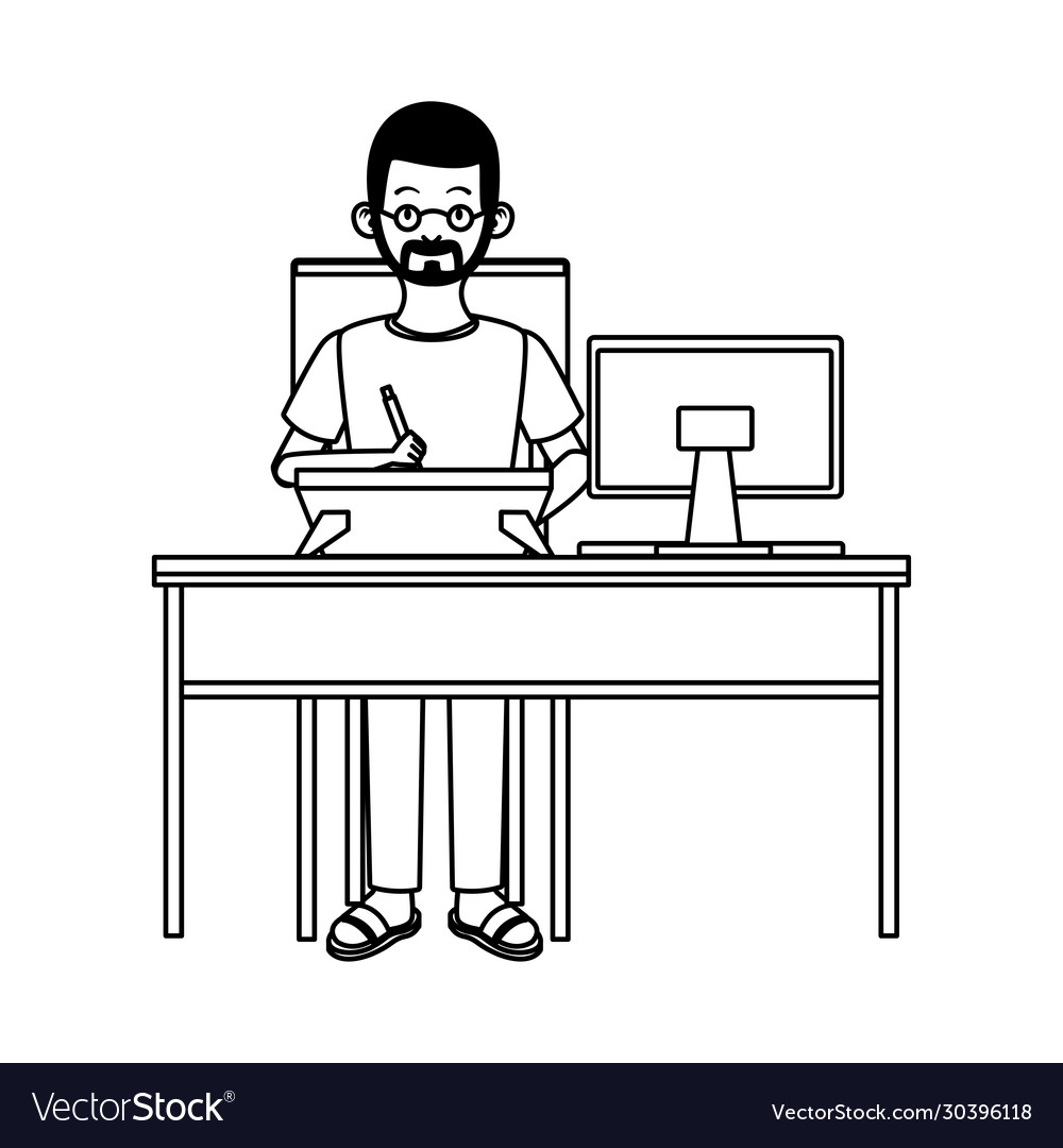 Man working with desktop in desk character