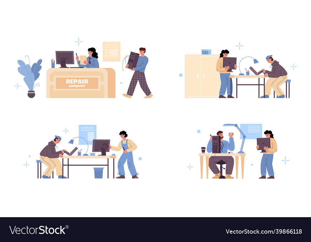 Set scenes with people working at computer service vector image Set scenes with people working at computer service