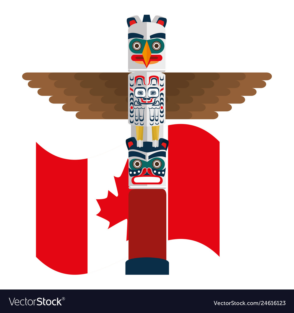 Canadian wooden totem with flag