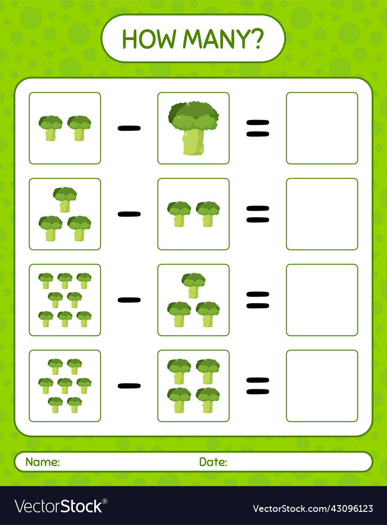 How many counting game with broccoli worksheet vector image How many counting game with broccoli worksheet
