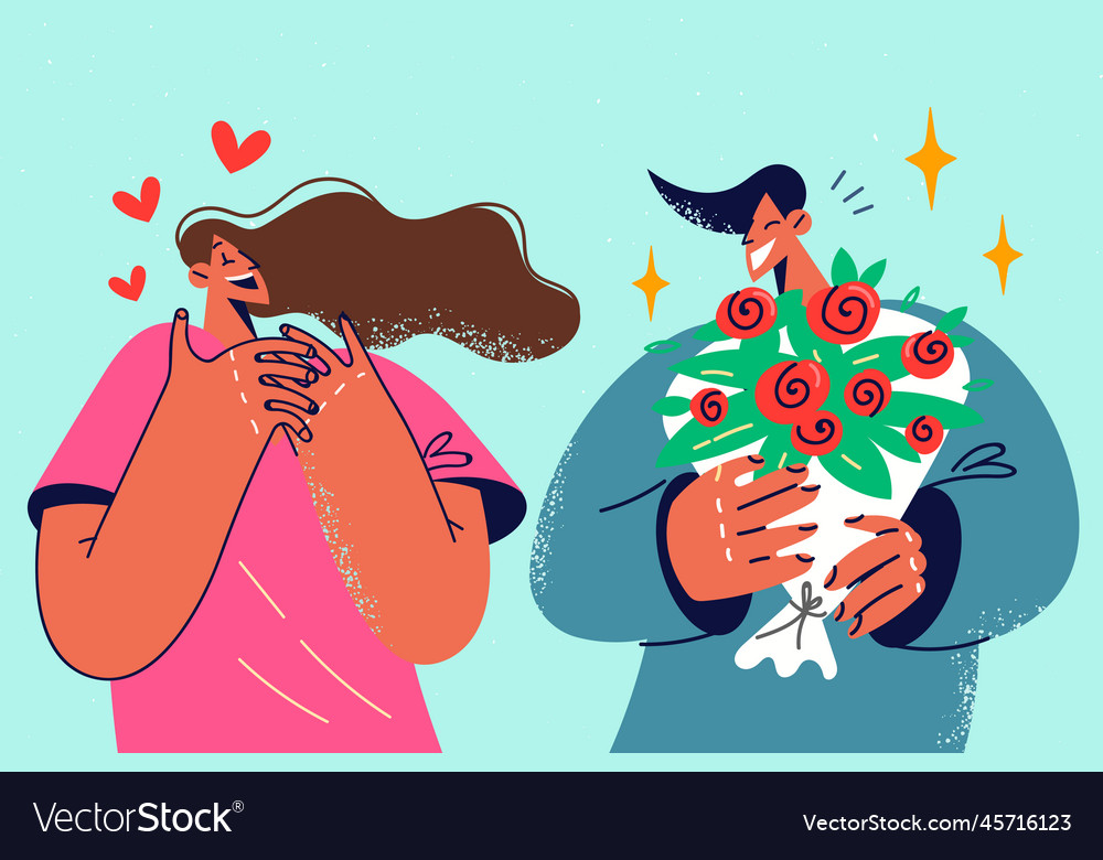 Loving man present flowers to excited woman Vector Image