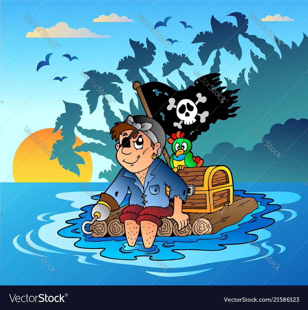 Pirate sailing on wooden raft Royalty Free Vector Image