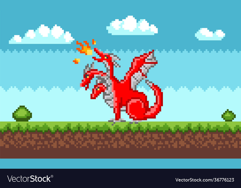 Pixel monster character red three-headed dragon