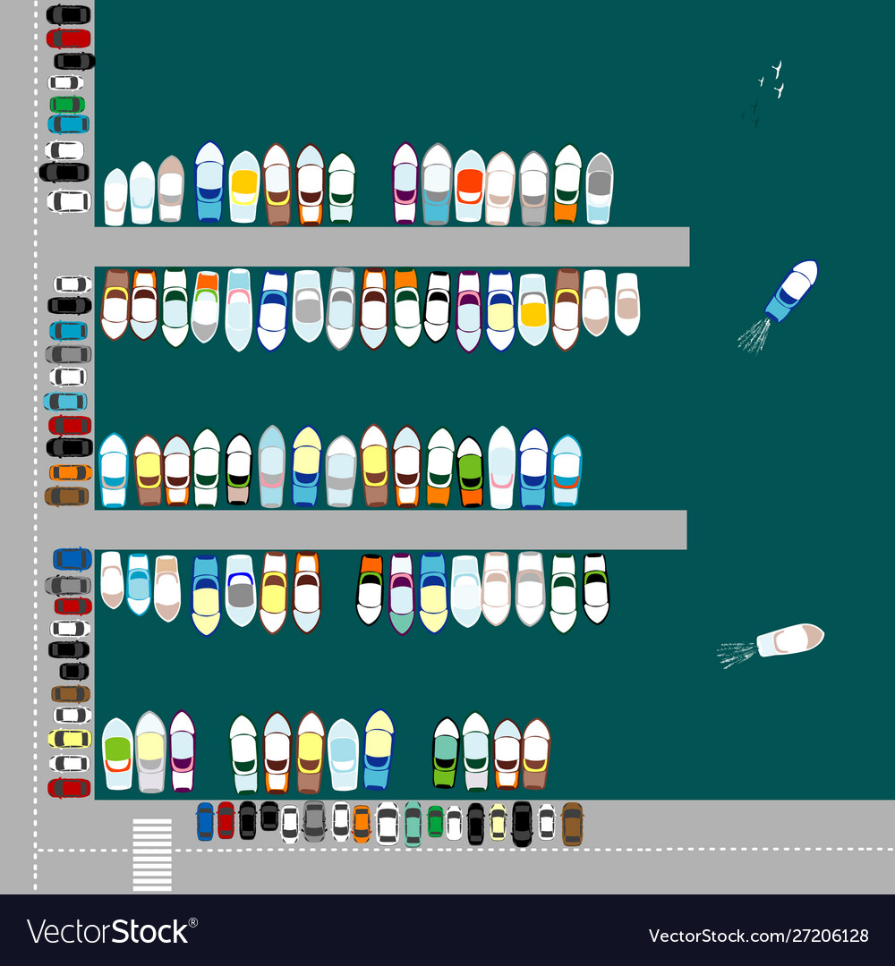 Aerial photo boats docked in port and cars