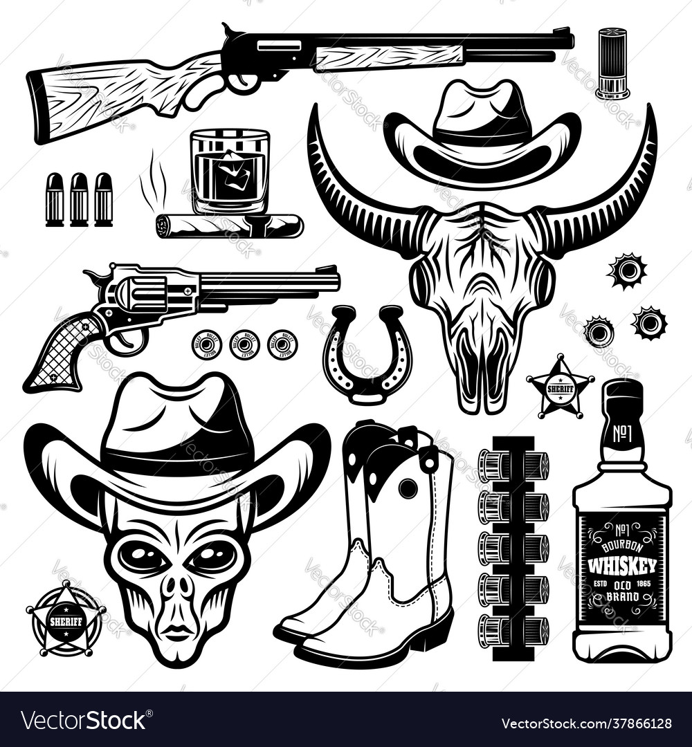 Alien Cowboy And Different Western Elements Set Vector Image