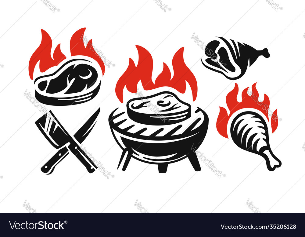 Barbecue fest logo set with fire on white vector image Barbecue fest logo set with fire on white