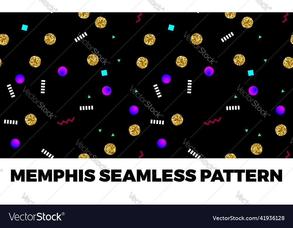 Memphis style seamless pattern with golden glitter