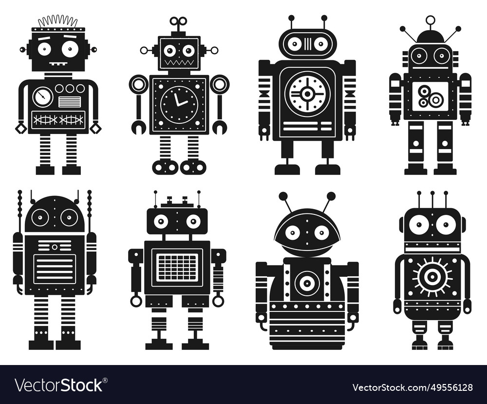 Retro robots and space mechanical toys set vector image Retro robots and space mechanical toys set