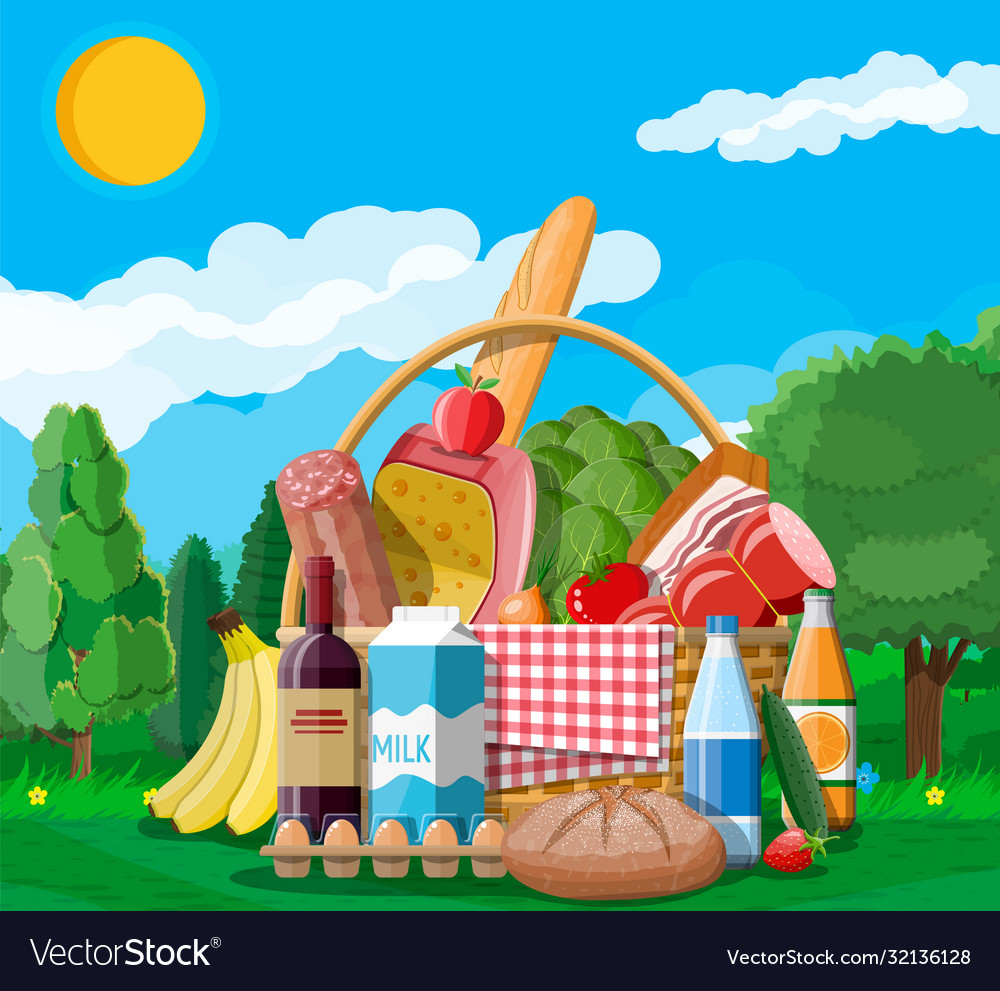Wicker Picknickkorb voller Produkte vector image Wicker Picknickkorb voller Produkte
