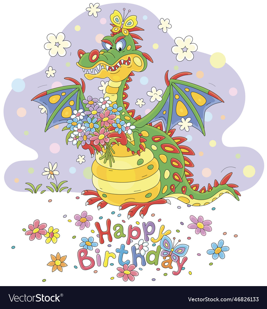 Birthday card with a funny dragon and flowers Vector Image