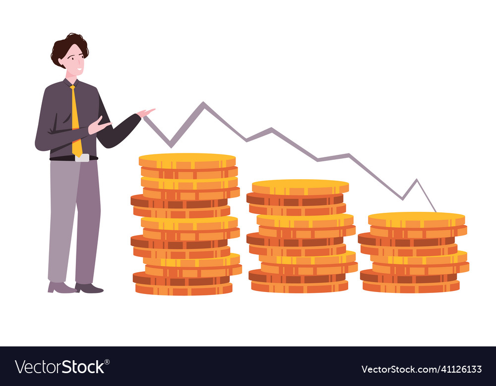Man presenting chart down with stack of coin Vector Image Man presenting chart down with stack of coin
