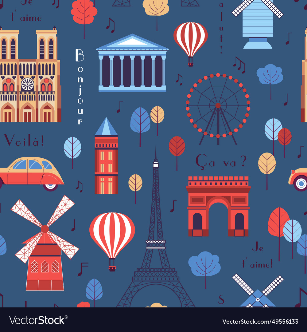 Paris famous landmarks vintage pattern vector image Paris famous landmarks vintage pattern