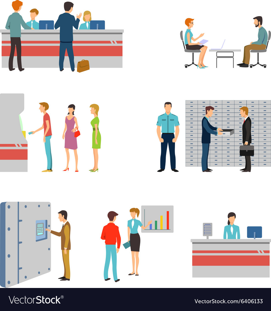 People in a bank interior flat icons set Vector Image