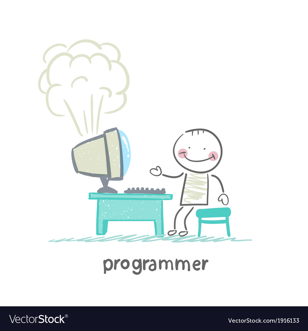 Programmer stands next to a computer that explodes