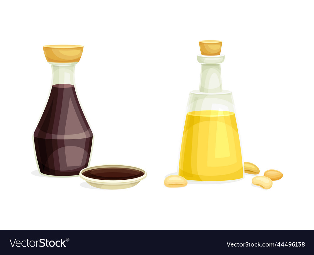 Soy sauce and oil in bottle with bean as edible Vector Image