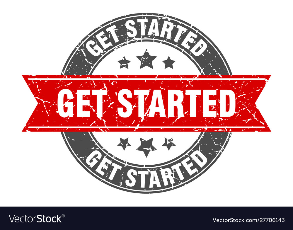 Get started round stamp with red ribbon