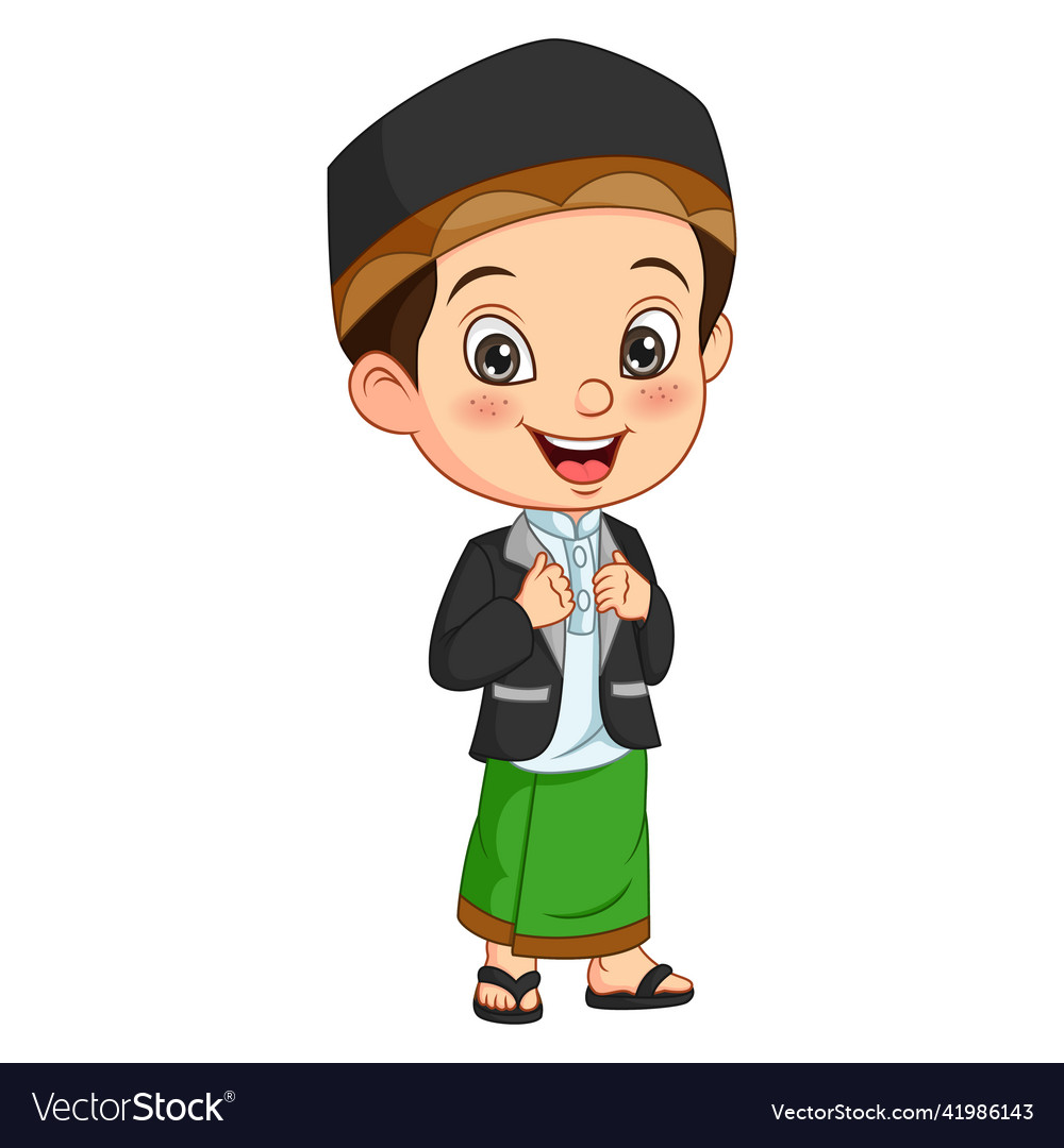 Happy muslim boy cartoon standing Royalty Free Vector Image